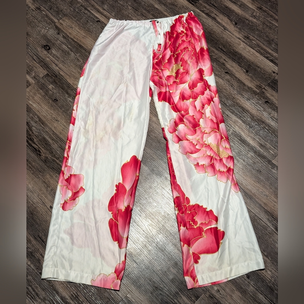 Natori Pink Flower White Baggy Drawstring Elastic Silky Polyester Sleep Pants